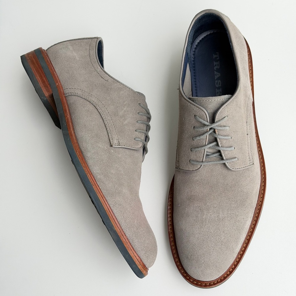 TRASK Lansing Shoe Mens 12 Grey Suede Oxford Dress Shoes Lace-Up Plain Toe
